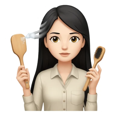 A white woman with long, straight black hair, wearing an ivory-colored shirt, holding a small square wooden paddle hairbrush in her left hand and spraying a hair mist bottle with her right hand toward her hair. sticker