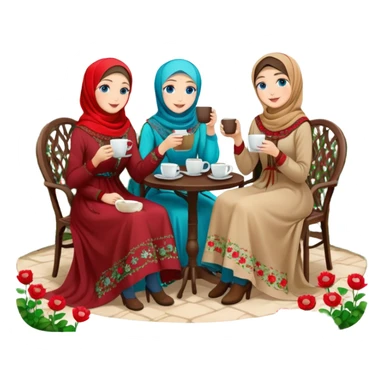 Turkish beautiful finish Konya girls blue eyes with Beautiful red green floral hijab long tail dress and this two friends sit in a lovely garden on the chair on the ground and holds cup coffe with her hand  sticker