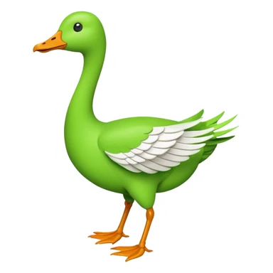 Emoji of a running goose with a very long neck and two legs. Use 🪿 shape but color it bright green (#39C700). The wings must be pressed tightly against the body, fully folded with no gap or spread. Do NOT show wings flapping or extended sticker