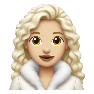 blonde girl wearing white fluffy jacket and a coffee to go in hand all dress white and a white bow on hair sticker