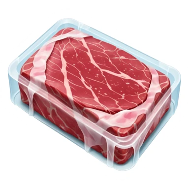 single raw meat cut steak or filet wrapped in thin layer of frosty plastic film with visible ice crystals slightly opaque surface pink to red meat with subtle marbling stiff edges frozen solid no tray no label no extras soft lighting subtle shadows emoji scale sticker