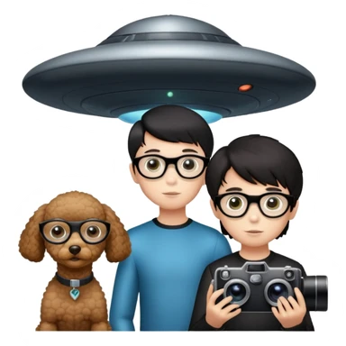 A little boy with straight black medium-length hair, white skin, and black eyes wearing black-framed glasses is taking photos on a UFO with a camera. Beside him, there is an alien and a brown round-headed poodle. sticker
