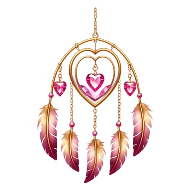 Reddish-pinkish and golden warm-colored romantic lush beautiful pretty hanging crystal-catcher aesthetic with hearts and sparkles and feathers sticker
