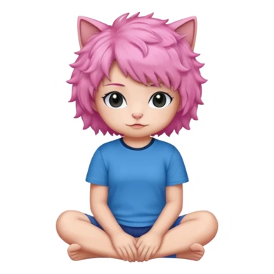 Black cat wearing a short curly pink hair wig, blue T-shirt sticker