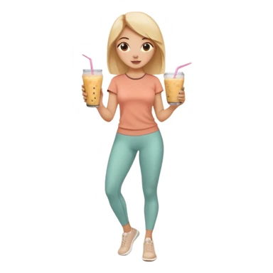 a young woman full length in a beige top and leggings and white sneakers with a passion fruit smoothie in one hand and a salmon poke bowl in the other hand sticker