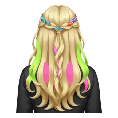 a girl facing backwards so that her hair is showing, long hair that is wavy. she has her hair in a style of half-up-half-down with a small claw-clip securing the hair of the head where the hair strands meet. hair is a platinum blonde color and dark blonde highlights.  sticker