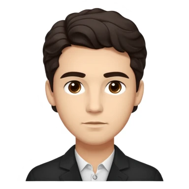 He’s a man with light to medium skin, a defined oval face, full brows, deep-set eyes, and wavy short dark brown tall tall hair styled with height, sides are trimmed. expression calm and focused relaxed black open-collar .polished, articulate, and coach vibe. sticker