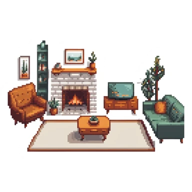 escenary 3d of a cozy mid-century living room with two people working on laptops, one man standing at a desk, and one woman sitting on a couch sticker