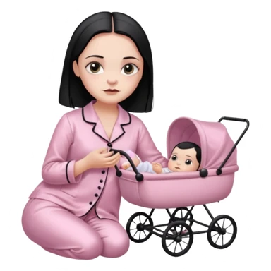 Full model stunning Wednesday Addams dark smoky eyeshadow in a unbuttoned Light pink silk pyjamas set touching baby carriage  sticker