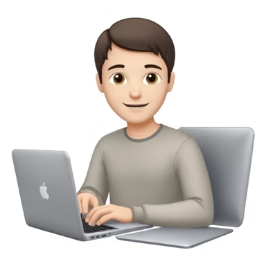 A white brunette man in his mid 20s, middle parted short hair, average dude with slightly droopy eyes, happy, using a silver laptop (no logo) sticker