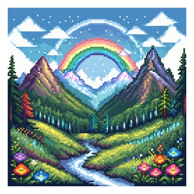 Enchanted meadow with rainbow and crystal mountains sticker