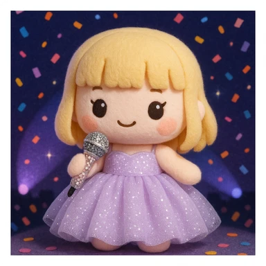 Pretty and girly Blonde pop star with bangs wearing a sparkly tulle light purple ballgown, holding a bedazzled microphone, reimagined as a soft kawaii plushie doll, with a nighttime concert backdrop with colorful confetti sticker
