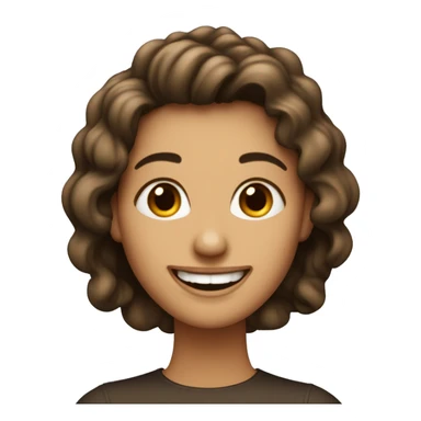 emoji de iPhone de una chica de pelo largo castaño oscuro con flequillos sonriendo ojos color cafe oscuro  sticker