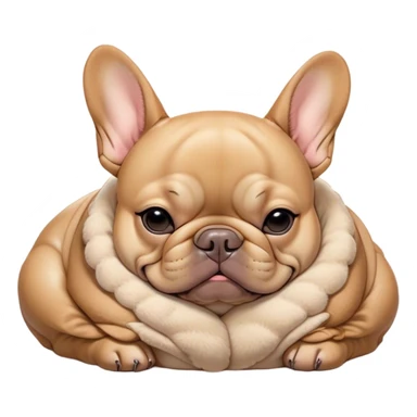 Cinematic Meme-Worthy Chubby Sleeping Fawn French Bulldog Portrait Emoji, Head resting peacefully with a contented smile, showcasing a delightfully chubby build and a luxuriously soft fawn coat, eyes shut in a serene nap, Simplified yet hilariously adorable features, highly detailed, glowing with a soft, drowsy light, high shine, relaxed and utterly lovable, stylized with an air of playful laziness, bright and heartwarming, soft glowing outline, capturing the essence of a comically sleepy companion, so meme-worthy it feels like it could instantly become the next viral sensation of adorable slumber! sticker