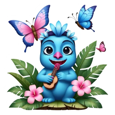Pixar style little Blue and pink tiki singing with a butterfly and tropical flowers, ultra detailed and lifelike imagery, realistic sticker