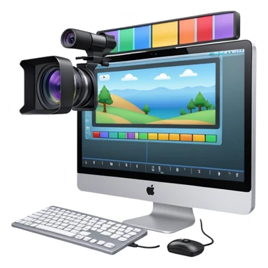 Create an emoji for video editing. Show a computer screen with a video timeline, clips, and editing tools (e.g., scissors). Add a video camera. Use modern, professional colors. Do not include any emojis or smiley faces. Make the background transparent sticker