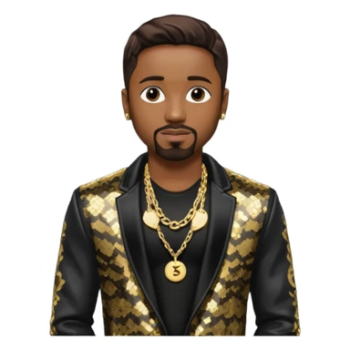 Teddy Riley with dark brown hair, black sequin jacket, shirtless with necklace  sticker