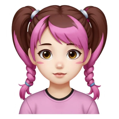 jirai kei, девушка с длинными темно каштановыми волосами и несколько розовых прядей по всей голове в разных местах, прическа два высоких хвоста заплетённые пушистыми белыми резинками. милое лицо. с sticker