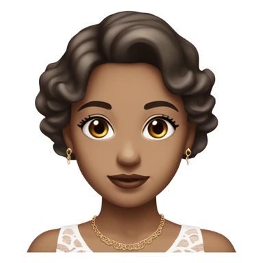 fair-skinned girl with black, slim shaped eyes and long lashes. long, dark brown hair styled in a wavy blowout. wearing a delicate white lace tank top and a dainty gold necklace, plump light pink lips. sticker