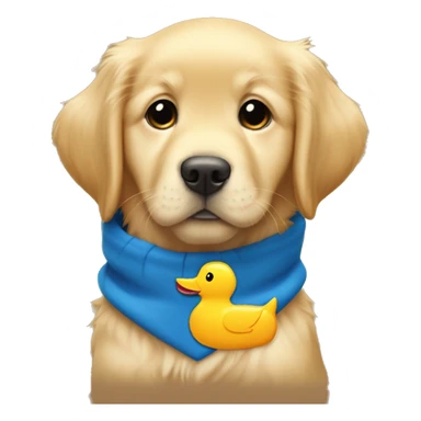 golden retriever puppy with a blue collar that has a id tag that says “vincent” and he’s wearing a duck hoodie sticker