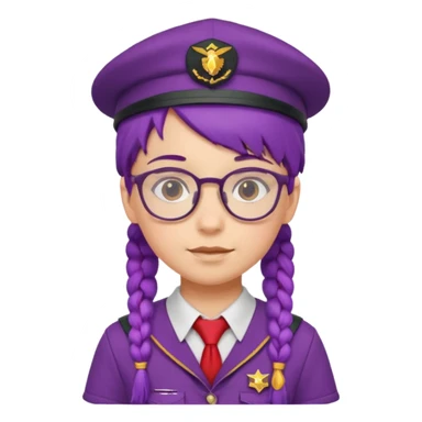 red uniform wearing scout kid with braids and glassess with hat purple haired sticker