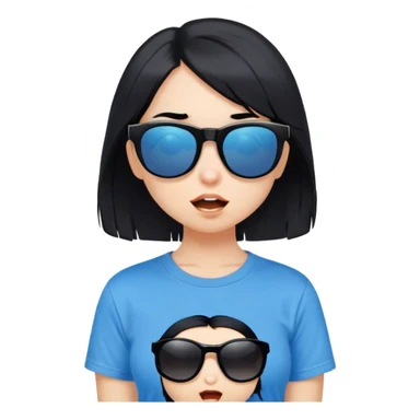 A girl with black bob hair with pony, wearing black sunglasses，one funny(0.5) face (0.5)，wacky expression, a blue t-shirt. lovely. cute sticker