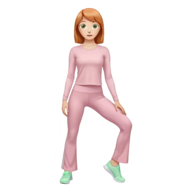 chin length ginger hair woman with bangs, green eyes, wearing long sleeve light pink yoga top, long flare light pink yoga pants, white sneakers, in gym, standing pose sticker