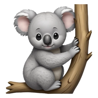 cinematic-koala-realistic-full-body-clinging-emoji,-round-plump-frame-clasped-to-a-gum-tree-branch,-soft-grey-fur-textured-and-fluffy,-oversized-fluffy-ears-twitching-slightly,-dark-expressive-eyes-peering-sleepily,-clawed-paws-gripping-bark-firmly,-simplified-yet-realistic-focused-features,-highly-detailed,-glowing-with-a-gentle-warmth sticker