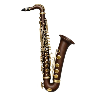 Create a detailed and unique emoji representing a clarinet with a saxophone-style mouthpiece. The design should feature the sleek, dark wood finish of the clarinet, with its shiny metal keys clearly visible, but at the top, include the large, curved mouthpiece typical of a saxophone. The mouthpiece should have a reed, similar to the one used in a saxophone, with subtle details to indicate its function. Use dark wood tones for the body of the instrument and silver or brass accents for the keys. Add small musical notes or soundwaves around the instrument to evoke its smooth, melodic sound. The background should be transparent sticker