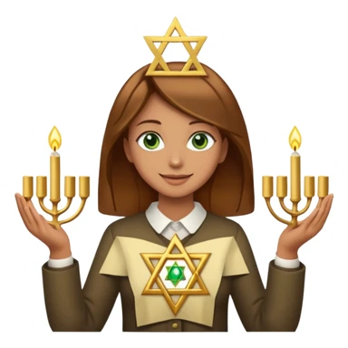 White but tan person with lightish brown hair girl has green eyes and holding the Star of David and a menorah looking at it smiliing sticker