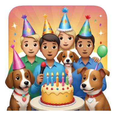 celebration birthday with a dog and watching sunset with many peoples with a birthday cake and mike a wish man peoples at home sticker