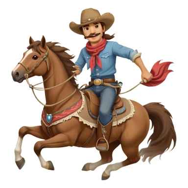 clash-of-clans-aesthetic_-cinematic-playful-cowboy-portrait-emoji, head-tilted with a roguish, cheeky grin and twinkling eyes, featuring a rugged, spirited build with a wide-brimmed cowboy hat and a weathered bandana on tan skin, brown hair and a moustache , riding a powerful galloping horse with dynamic flowing mane, reins gripped firmly in one hand and a lasso in the other, as dust swirls behind them in a vast desert landscape. sticker
