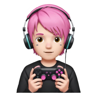 pink haired boy with headphones holding all black game controller sticker