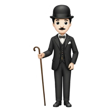 Charlie Chaplin with bowler hat, small mustache, suit, cane, and classic pose sticker