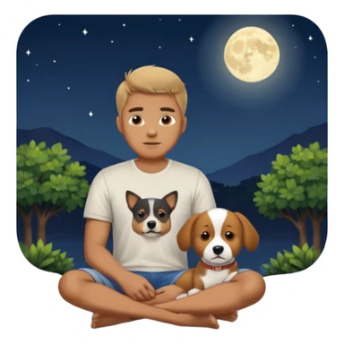 Man sitting outside at night under moonlight with dog sticker
