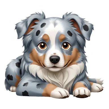 Merle Australian Shepherd dog laying down, blue merle coat with white and black spots, relaxed pose sticker