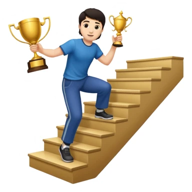 A man with fair skin and dark hair is climbing stairs to grab a trophy on the top step. sticker