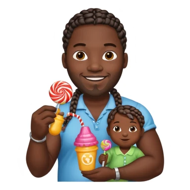 Big black man with braids hold a  baby bottle and a lollipop sticker
