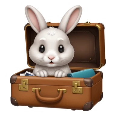 A curious rabbit nudging a tiny suitcase with its nose sticker
