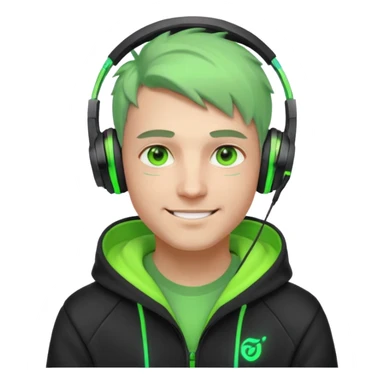 friendly streamer avatar, smiling man, stylized illustration, neon green eyes with soft warm highlights, hoodie and headset with neon accents, subtle cyberpunk vibe, dark background, clean lines, cozy and friendly mood sticker