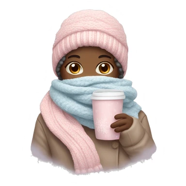 Create a cozy, feminine winter-themed emoji with pastel colors like pink and light blue. Include elements like a hot chocolate cup, scarf, sweater, and snowflakes, giving a warm, inviting winter vibe. sticker