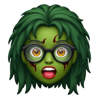 crie um emoji de zumbi feminino, com pele verde, óculos preto e cabelos pretos longos sticker