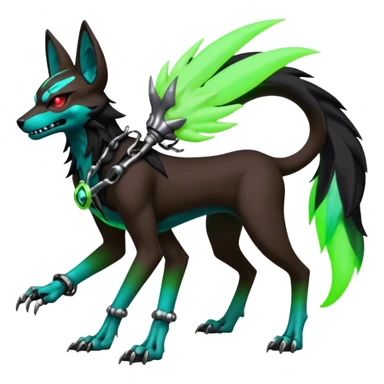 Hyper realistic demonic slim skeletal black and neon green futuristic shiny colorful bioluminescent cyber-Poochyena-Lycanroc-Zorua-Litten-Houndoom-Fakémon-Pokémon-Digimon-hybrid-fusion (full body) with a skull face sticker
