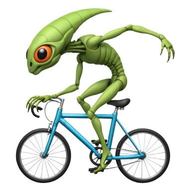 insectoid alien riding a bicycle, bug-like eyes, segmented limbs, strange but fun cycling pose, sci-fi creature vibe, 3D cartoon, mobile game icon style, clean background, no text, no watermark
 sticker