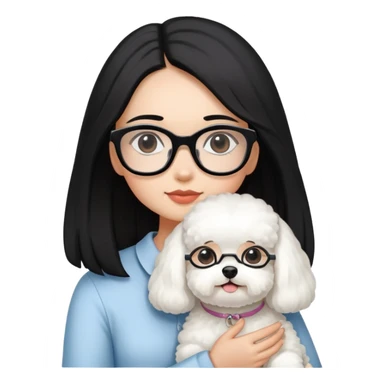 Girl with long black hair and glasses holding a white Bichon Frise dog sticker