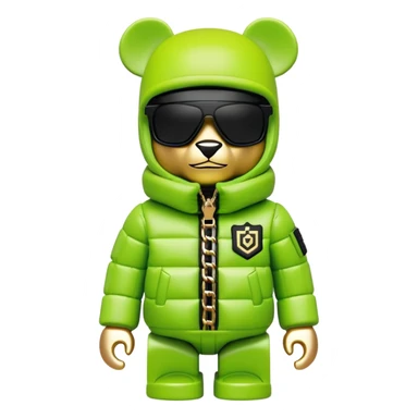 ultra-detailed bearbrick figure with perfect cube head and geometric body, wearing premium lime green balaclava with sleek integrated black visor lens at eyes, luxury oversized designer puffer jacket with prominent logo and lavish fur trim collar, heavy gold chains, streetwear icon sticker