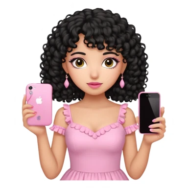 uma menina fofa de pele oliva e cabelos pretos encaracolados e com franja encaracolada e um vestido rosa pastel detalhado e maquiagem levemente rosada enquanto segura um iphone rosa sticker