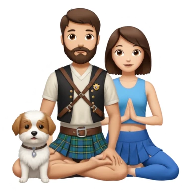 emoji of brunette man with beard wearing kilt, brunette woman in yoga outfit and one white fluffy dog sticker