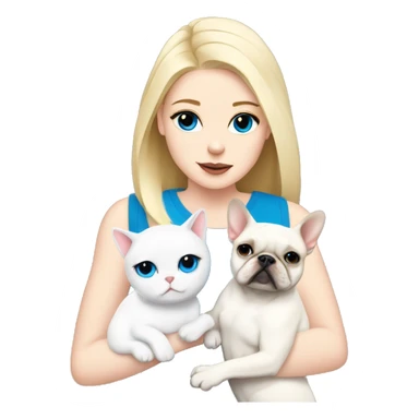 Blonde girl with blue eyes holds White French bulldog and a white cat sticker