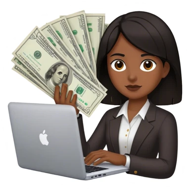 dark-haired person with a laptop and some bills, with money  sticker
